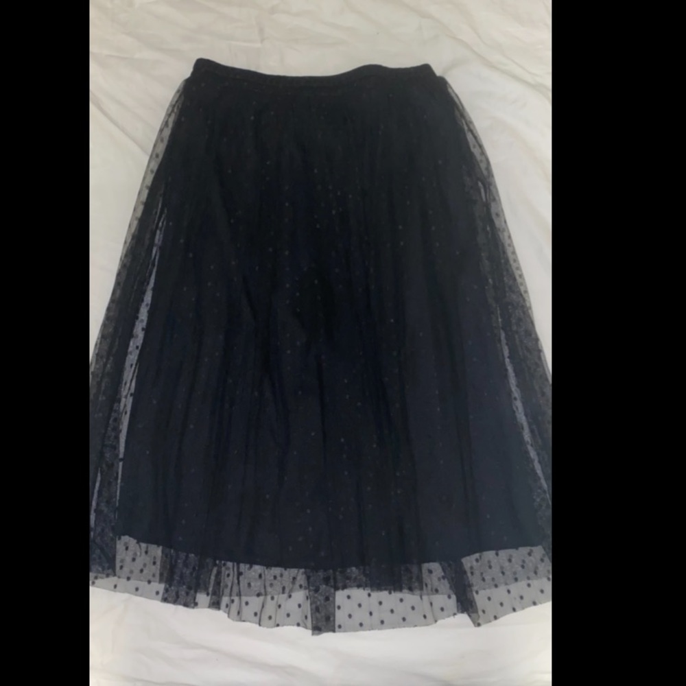 Black Mesh Elastic Waist Polka Dot Knee Length Skirt